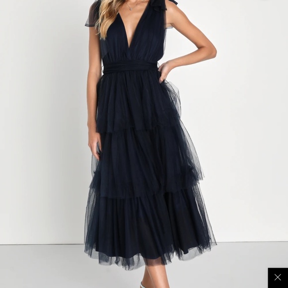 Lulus Flawless Arrival Navy Blue Tulle Tie-strap Tiered Maxi Dress - Size S - Picture 3 of 4